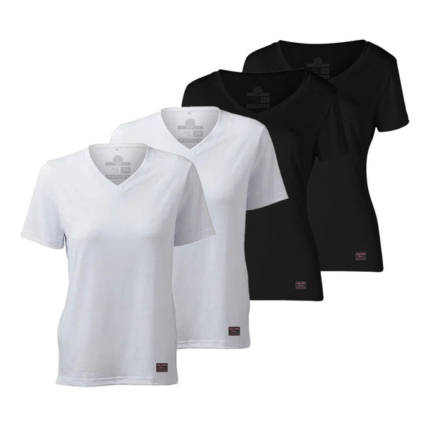 Kit com 4 Camiseta Feminina Gola V Basic Sport Preta e Branca - Polo Match